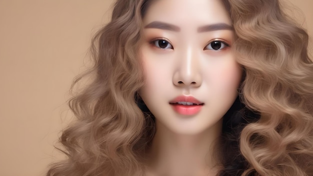 Jonge Aziatische schoonheidsvrouw met krullend lang haar met Koreaanse make-upstijl raakt haar gezicht en perfecte huid