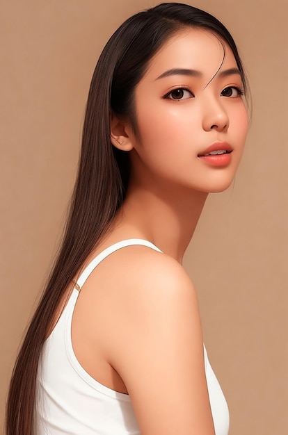 Jonge Aziatische schoonheidsvrouw met model lang haar met Koreaanse make-upstijl op haar gezicht en perfecte huid