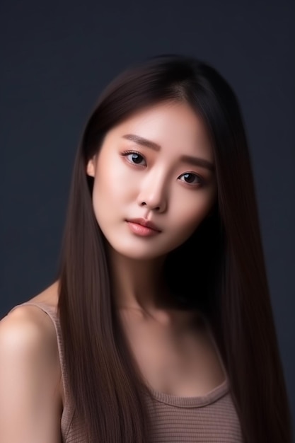Jonge Aziatische schoonheidsvrouw recht lang haar met Koreaanse make-upstijl op gezicht en perfecte schone huid