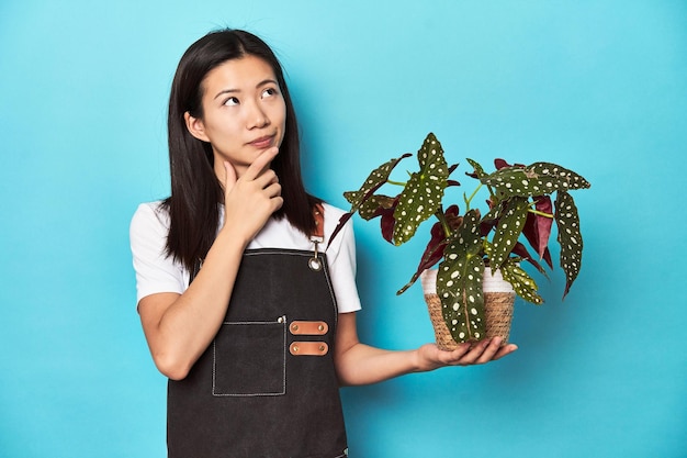 Jonge Aziatische tuinier die een plantenstudio achtergrond vasthoudt die zijwaarts kijkt met twijfel en scepticisme