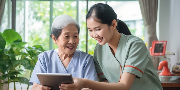 Jonge aziatische verpleegster of arts die senioren thuis bezoekt, praat over de resultaten van de checklist voor gezondheidszorgtips
