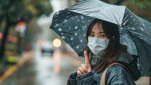 Jonge Aziatische vrouw besmet met het virus tijdens een natte herfstdag draagt een medisch masker om de infectie niet te verspreiden poi