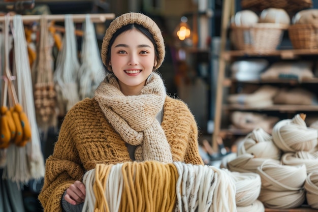 Jonge Aziatische vrouw die glimlacht in warme kleding in een garenwinkel te midden van wolvelden