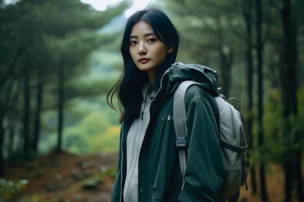 Jonge Aziatische vrouw die in het bos wandelt