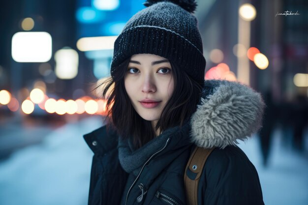 Jonge Aziatische vrouw die op straat staat in een winters tafereel van de stad