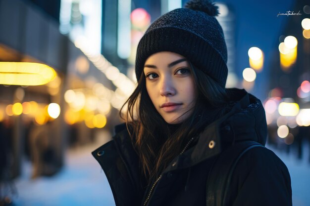 Jonge Aziatische vrouw die op straat staat in een winters tafereel van de stad