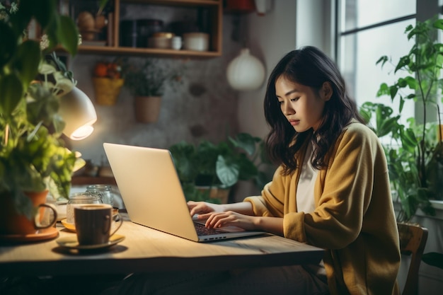 jonge Aziatische vrouw die thuis zit met een laptop meisje die websites surft of studeert