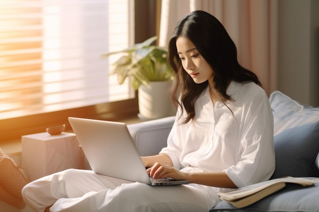 jonge Aziatische vrouw die thuis zit met een laptop meisje die websites surft of studeert