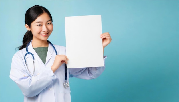 jonge Aziatische vrouw dokter met een wit vel van copyspace geïsoleerd op lichtblauwe achtergrond