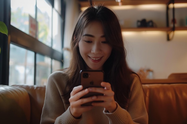 Jonge Aziatische vrouw in casual kleding die mobiele telefoon gebruikt voor online communicatie