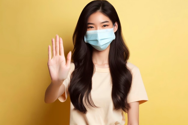 jonge Aziatische vrouw in medisch masker die high five geeft op gele achtergrond ai generatief