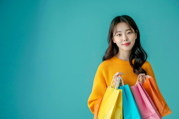 Jonge Aziatische vrouw in oranje trui glimlachend met kleurrijke boodschappenzakken op blauwe achtergrond