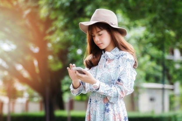 Jonge Aziatische vrouw in retro stijl met cellphone in park