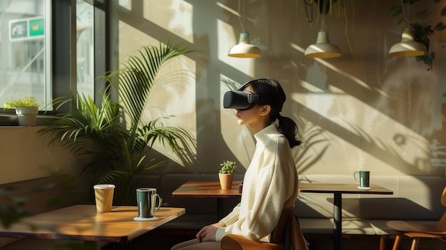 Jonge Aziatische vrouw met een virtual reality headset in een koffieshop VR concept