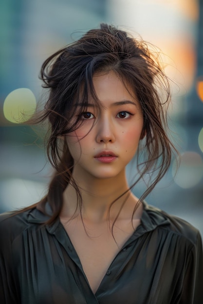 Jonge Aziatische vrouw met windgeblazen haar in stedelijk avondlicht die er bedachtzaam en elegant uitziet