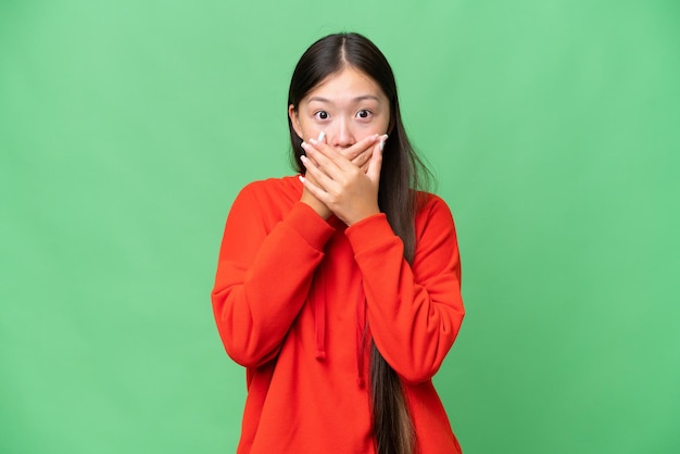 Jonge Aziatische vrouw over geïsoleerde achtergrond die de ogen met de handen bedekt en glimlacht