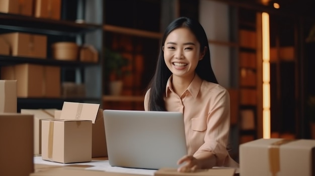 Jonge Aziatische vrouw werkt aan een laptop in een kantoor.