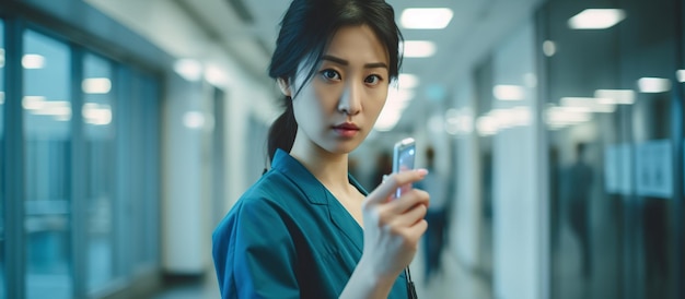 Jonge Aziatische vrouwelijke arts met een spuit in het ziekenhuis AI gegenereerde afbeelding