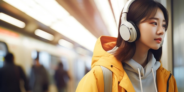 Jonge Aziatische vrouwelijke passagier gebruikt en luistert naar muziek via een smartphone op het metrostation