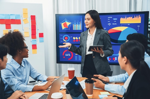 Jonge Aziatische zakenvrouw die data-analysedashboard op tv-scherm presenteert in moderne vergadering Zakelijke presentatie met een groep zakenmensen in vergaderruimte Concord