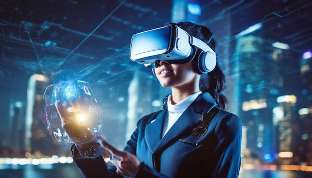Jonge Aziatische zakenvrouw met een virtual reality headset met de nachtelijke stad op de achtergrond