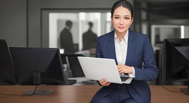 jonge Aziatische zakenvrouw met laptop zakenvrouw in pak met behulp van zijn laptop op de werkplek in een modern kantoor met laptop in handen Generatieve AI