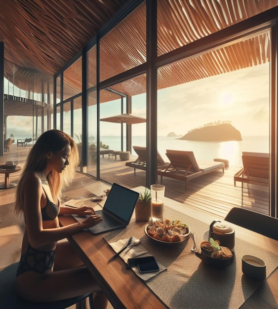 jonge baas manager handelaar vrouw werken op afstand laptop luxe slaapkamer suite vroege ochtend panorama