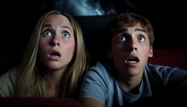 Jonge bange tieners paar in de bioscoop kijken naar een horrorfilm en schreeuwen in de bioscoop