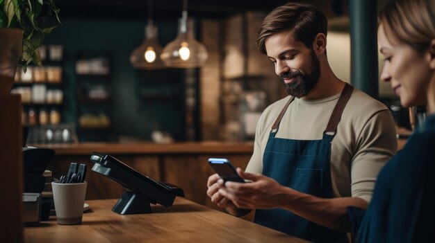 jonge barista gebruikt de mobiele telefoon om betaling te accepteren