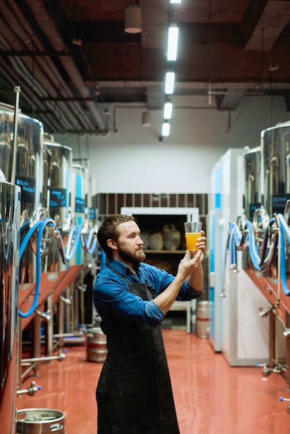Jonge, bebaarde brouwer in werkkleding die na voorbereiding naar een glas bier in zijn hand kijkt terwijl hij in het gangpad staat tussen enorme stalen tanks