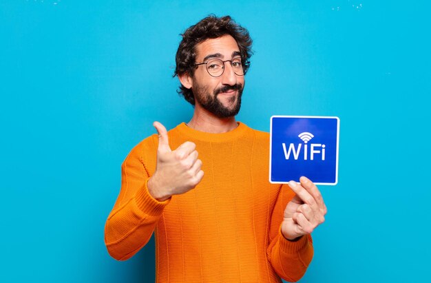 Jonge, bebaarde man gratis wifi concept