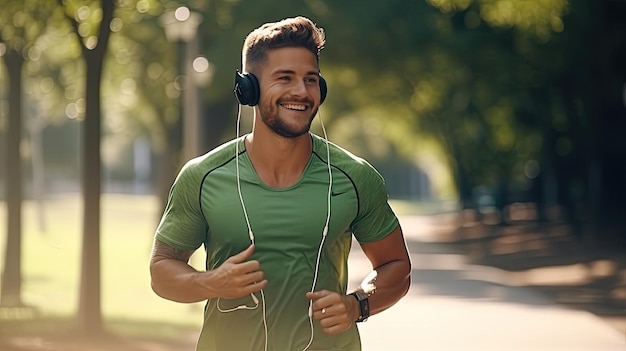 Jonge, bebaarde man loopt gelukkig met een koptelefoon in het park op een mooie zomerdag