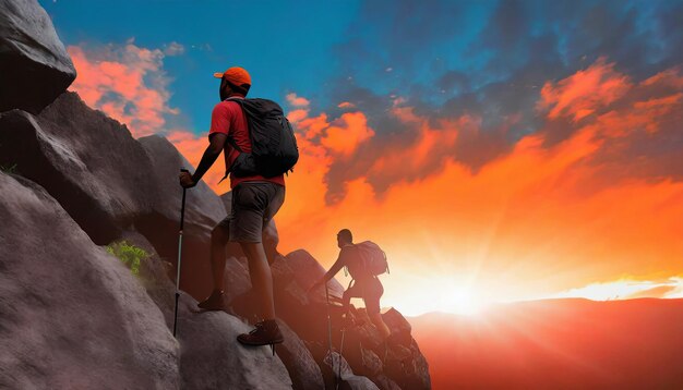 jonge bergbeklimmers beklimmen een berg op grote hoogte