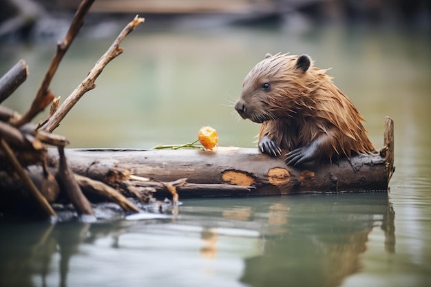 Jonge bever leert een dam te bouwen