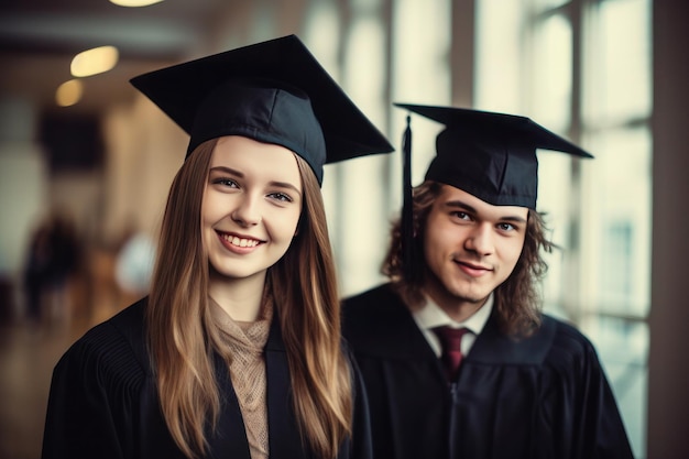 Jonge blanke afgestudeerde studenten tegen universitaire achtergrond ai gegenereerd