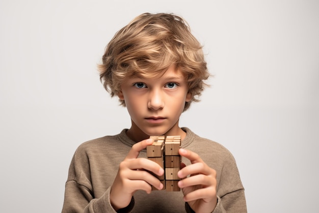 Foto jonge blanke blonde jongen met houten puzzel kind geestelijke gezondheid concept autisme spectrum stoornis bewustzijn concept onderwijs interieur achtergrond kopieerruimte