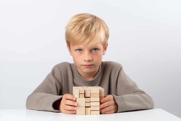 Jonge blanke blonde jongen met houten puzzel kind geestelijke gezondheid concept autisme spectrum stoornis bewustzijn concept onderwijs op grijze achtergrond kopieer ruimte