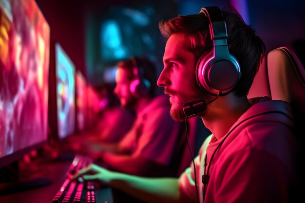 jonge blanke gamer met hoofdtelefoon die videogames speelt met een computer en meerdere schermen verlicht met verzadigde neonlichten. Neuraal netwerk gegenereerd in mei 2023. Niet gebaseerd op een bestaande persoon, scène of