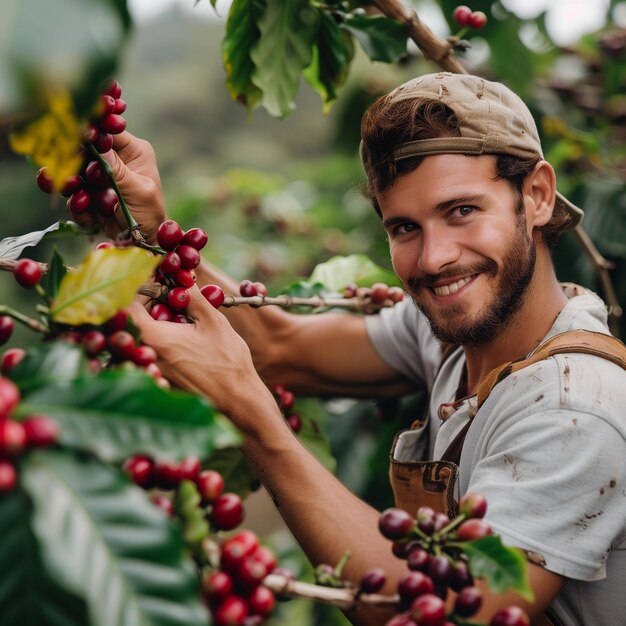 jonge blanke man die met de hand koffiebessen plukt