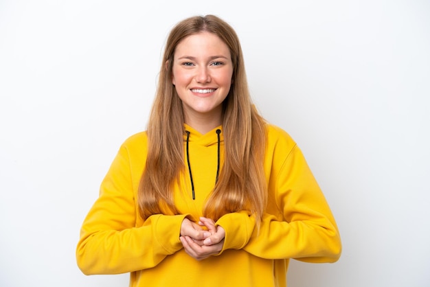 Jonge blanke vrouw geïsoleerd op witte achtergrond lachen