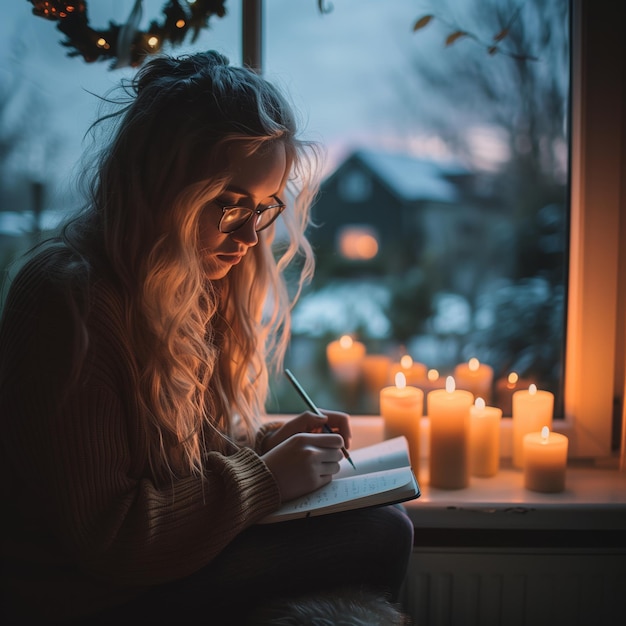 Jonge blanke vrouw met een bril die een dagboek schrijft. Vensterlicht, verlicht kaarsen, winter.