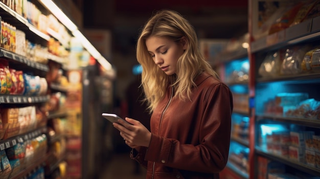 Jonge blanke vrouw met smartphone in de supermarkt ze controleert de lijst van noodzakelijke aankoop