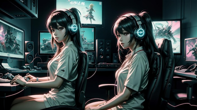Jonge blanke vrouw pro gamer streamer die speelt in online videospel neon kleur zachte focus