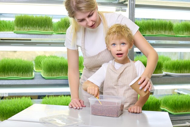 Jonge blonde en een kleine jongen in identieke schorten pakken zaden in op een microgroenboerderij Ecologisch en botanisch thema