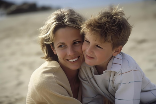 Jonge blonde moeder geknield terwijl ze haar zoon knuffelt op het strand Generatieve AI-illustratie