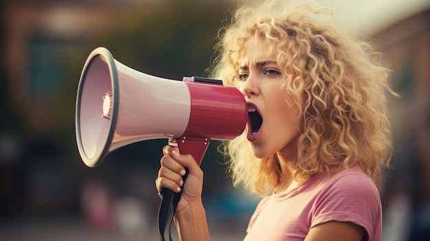 Foto jonge blonde rebel leider meisje een student met een megafoon toespraak buiten schreeuwen een stem