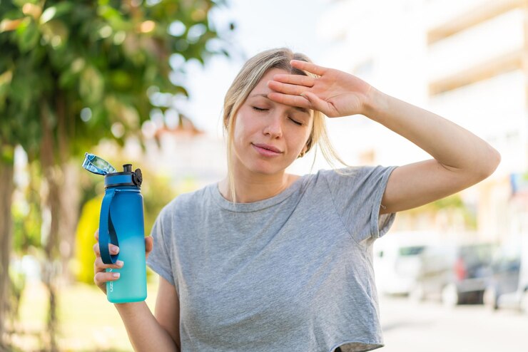 Foto jonge blonde vrouw buitenshuis met een fles water buitenshuis