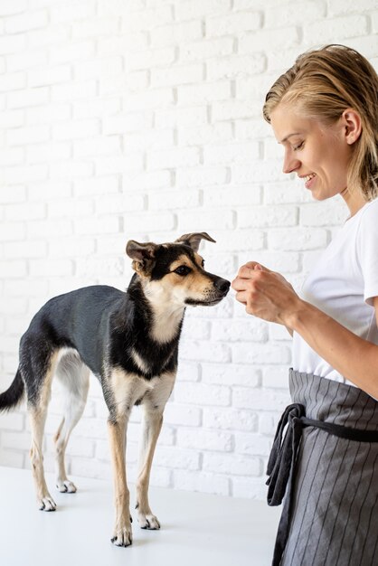 Jonge blonde vrouw die een snack geeft aan haar hond