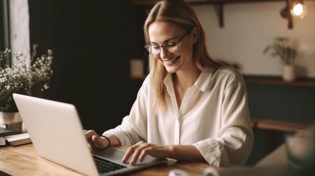 Jonge blonde vrouw die lacht werken met laptop zittend in kantoor aan huis Generatieve AI AIG20