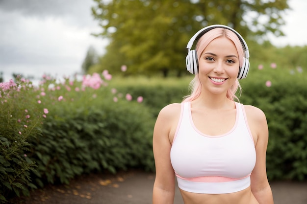 Jonge blonde vrouw die sportkleding draagt en naar muziek luistert in het park